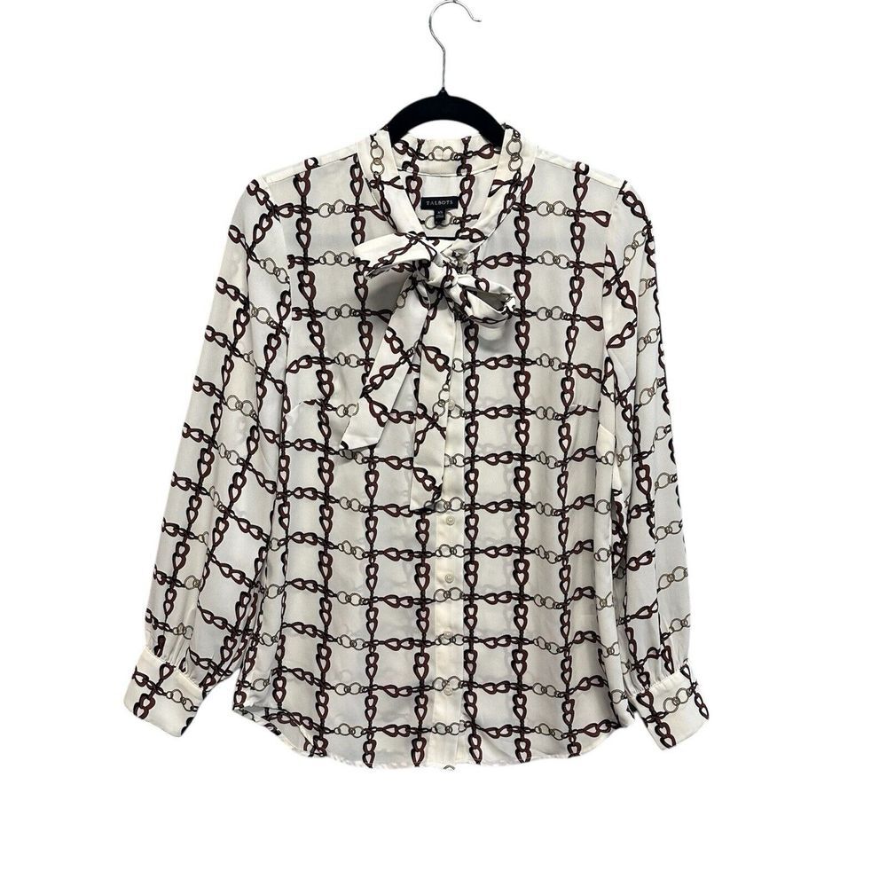 TALBOTS Tie Neck Shirt Button Up Chainlink Long Sleeve Blouse Top Size XS Career
